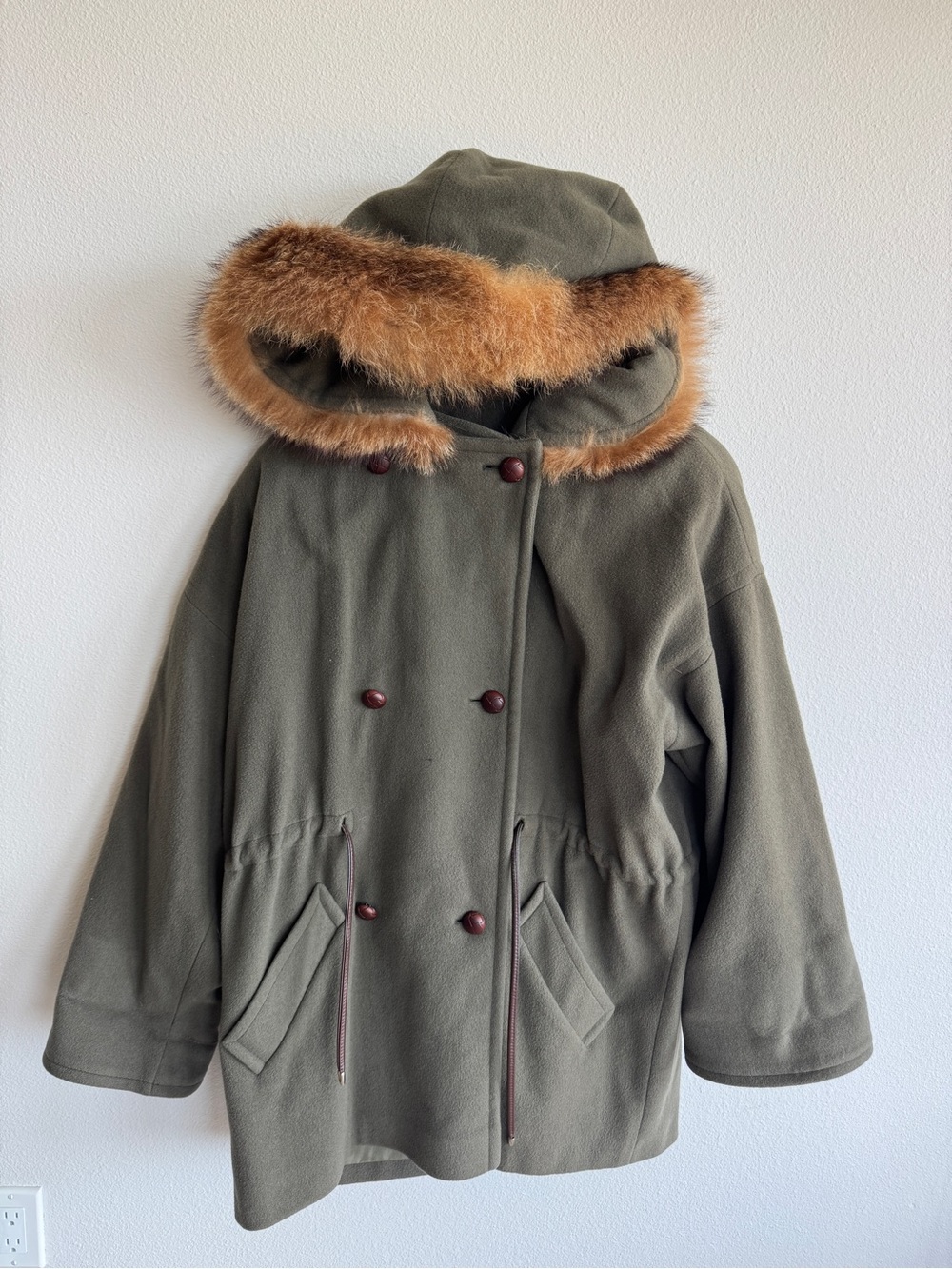 Vintage Anne Klein II 100% Wool Olive Green Hooded Cocoon Parka Coat Fur Trim